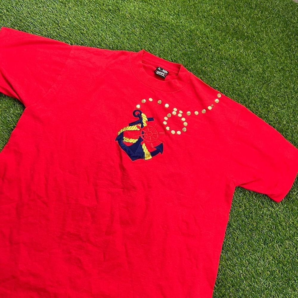 BEST Fruit of the Loom Red Anchor Graphic T-Shirt‎ Mens Large Nautical Sailing